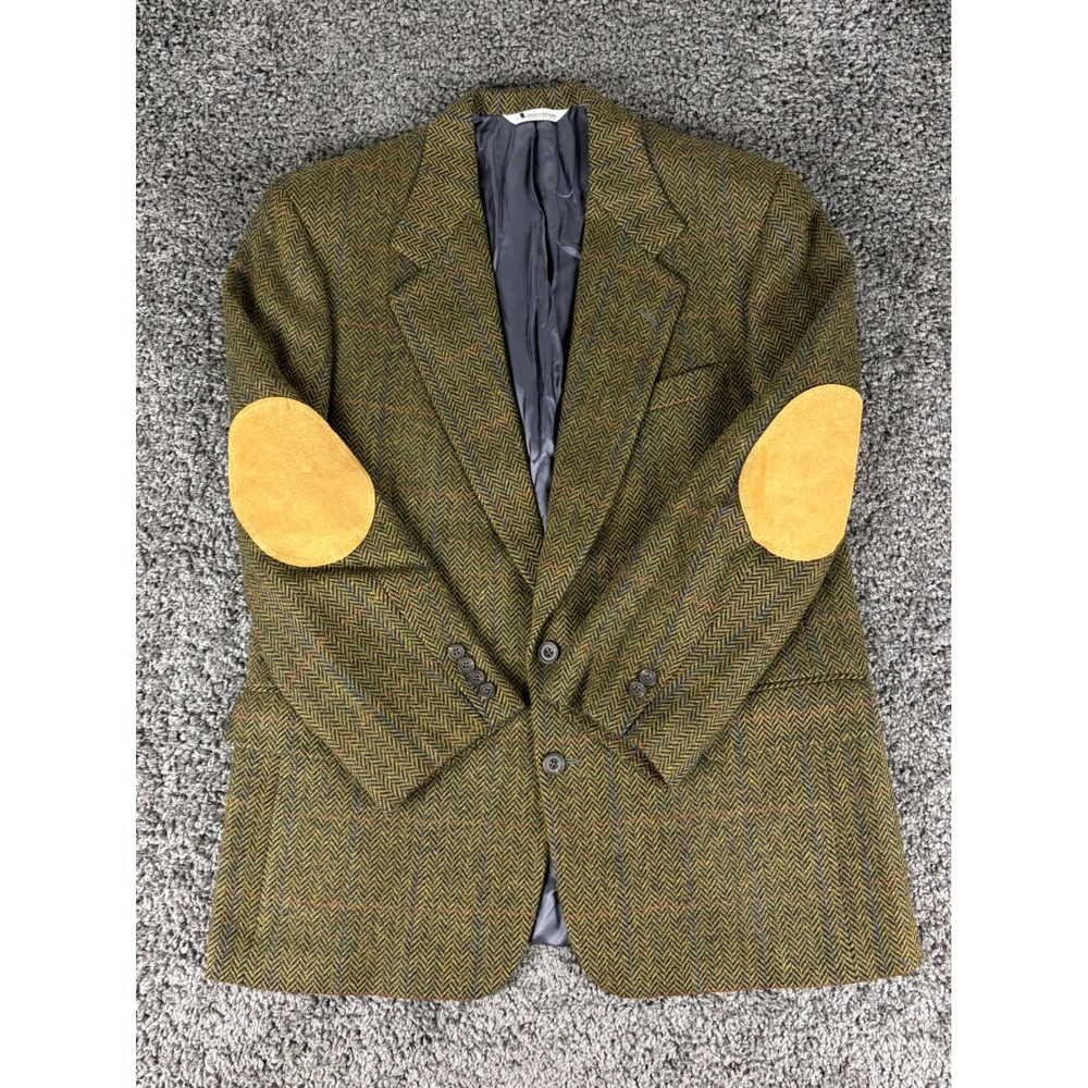 Aquascutum London Wool Cashmere Herringbone Blazer Elbow Patches 42L Olive